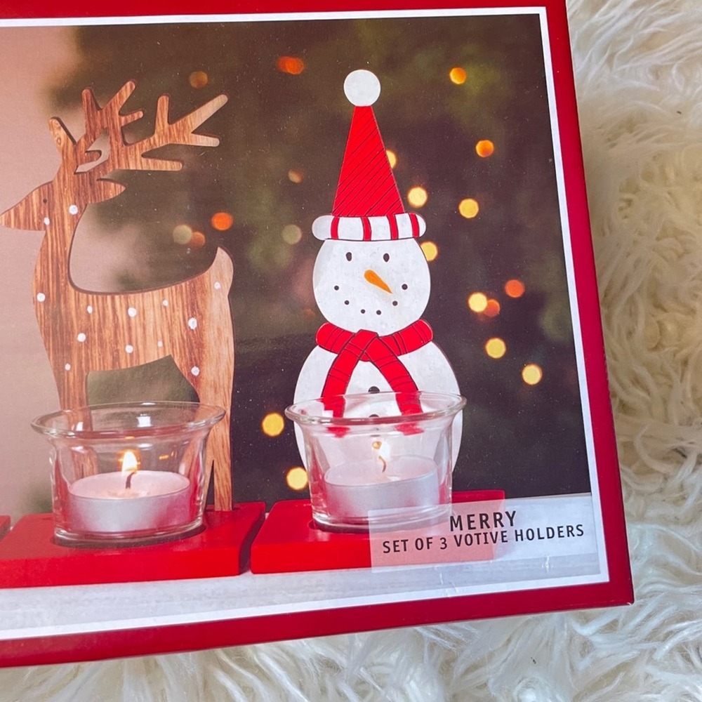 San Miguel Merry 3 Votive Candle Holders Christmas Tree, Reindeer, Snowman NWT - Picture 2 of 4